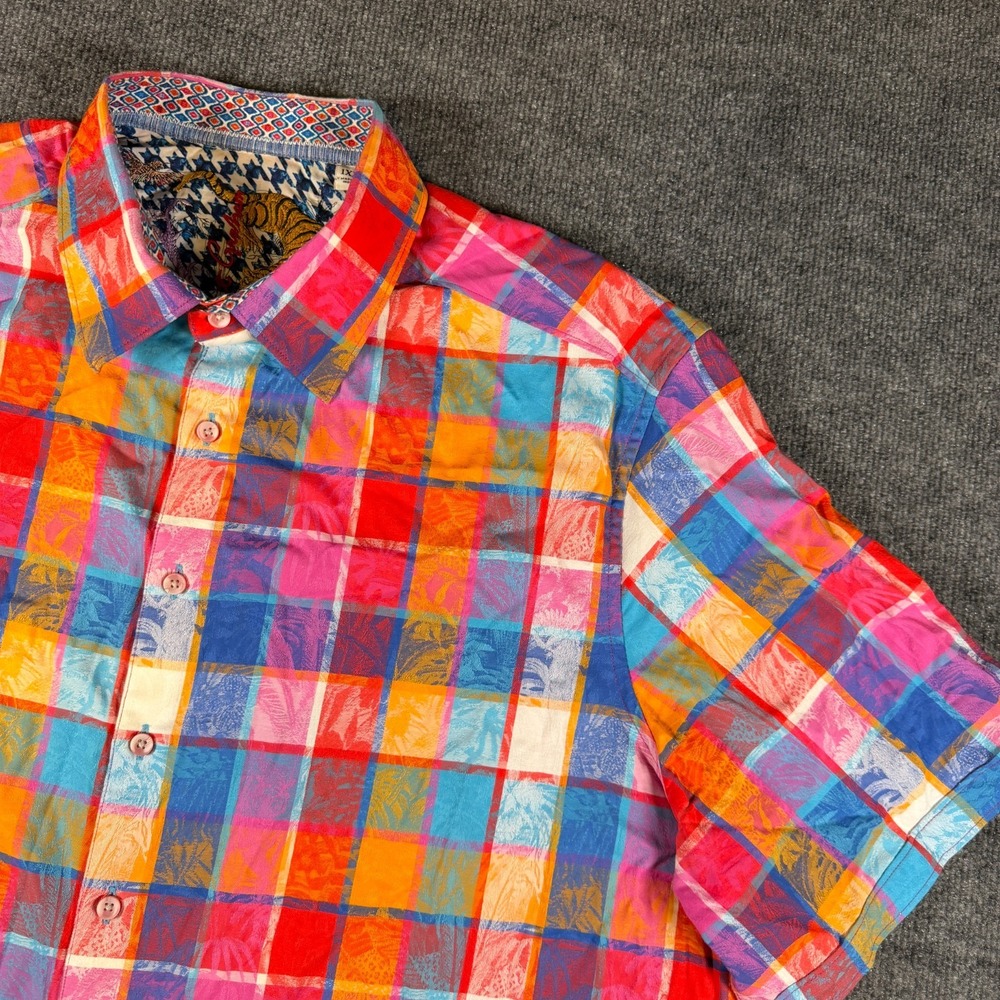 Robert Graham PALM TREE plaid Print Short Sleeve Classic Shirt Size 1XL - Picture 2 of 9